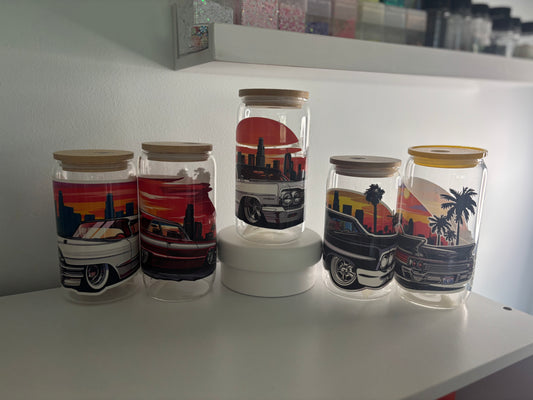 16oz glass cup old school cars